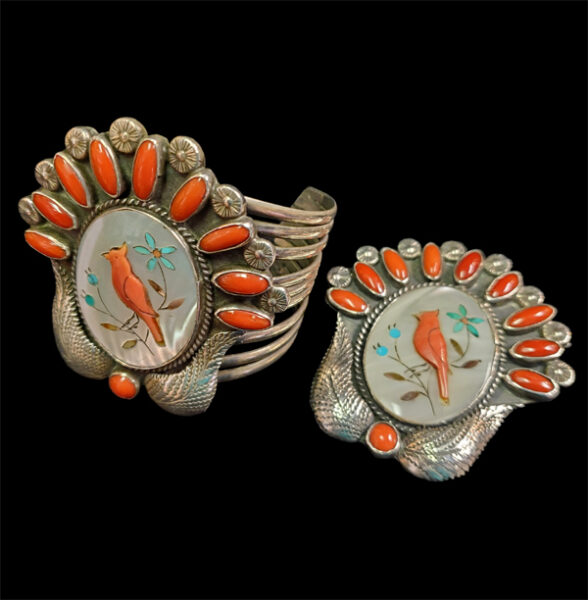 Navajo Sterling Silver Turquoise, red coral and Mother of Pearl Inlay pendant and cuff bracelet.