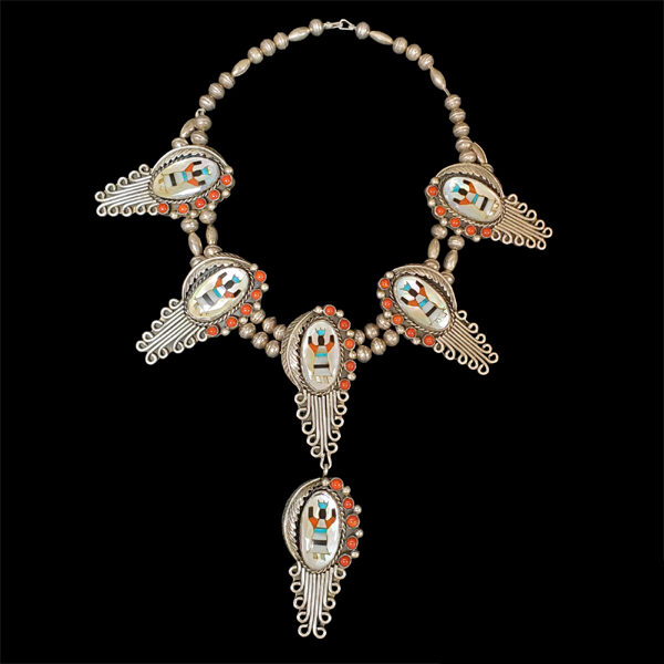 Native American Sterling Silver Inlay Kachina Turquoise, red coral and Mother of Pearl necklace.